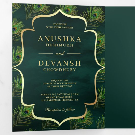 Smaragd Groene Peacock Veren QR Code Bruiloft Drieluik Uitnodiging (Binnenzijde eerst)