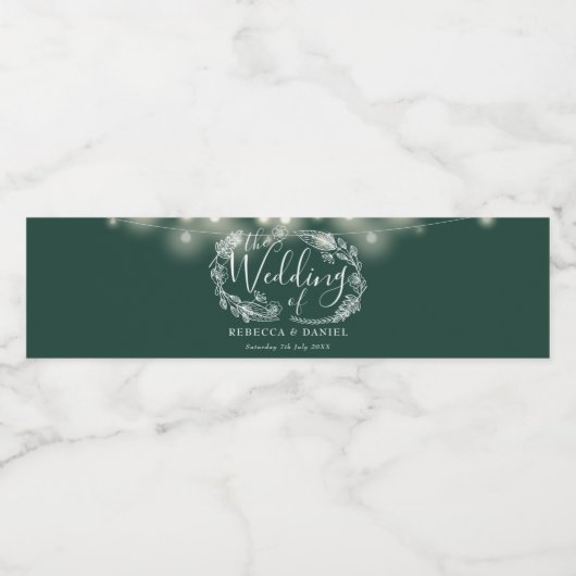 Smaragd Groene Strijklichten Bloemenbruiloft Waterfles Etiket (Enkel label)