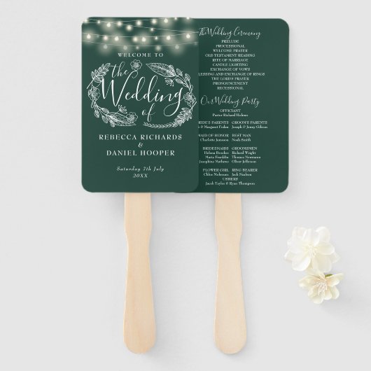 Smaragd Groene Strijklichten Huwelijksprogramma Handwaaier (Voorkant en achterkant)