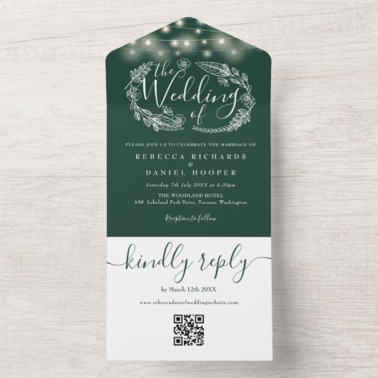 Smaragd Groene Strijklichten QR Code Bruiloft All In One Uitnodiging (Binnen)