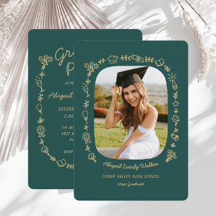 Smaragd Handgetekende Krabbels Foto Grad Invitatie Kaart