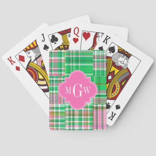 Smaragd Heet Roze Preppy Patchwork Madras Monogram Pokerkaarten (Achterkant)