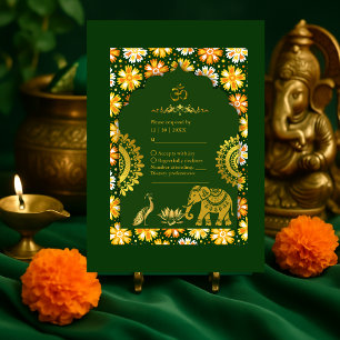 Smaragd traditionele Marigold hindoe-huwelijk RSVP Kaartje