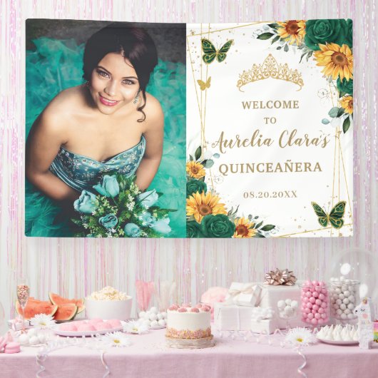 Smaragd Zonnebloemen Quinceañera Welkom Achtergron Spandoek (Feest)