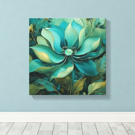 Smaragdbloemblaadjes: Boho Bloemen Serenity Canvas Afdruk (Insitu (Houten vloer))