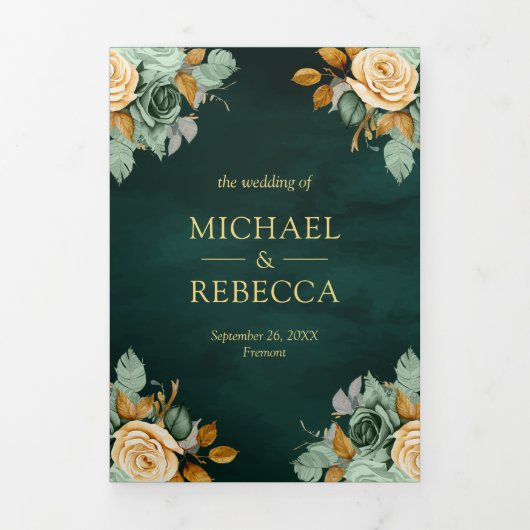 Smaragdcrème Bloemen Goud QR Code Foto Bruiloft Drieluik Uitnodiging (Cover)