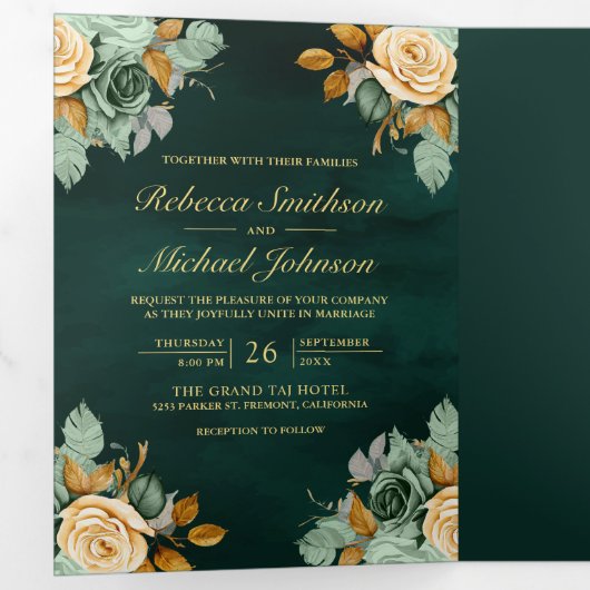 Smaragdcrème Bloemen Goud QR Code Foto Bruiloft Drieluik Uitnodiging (Binnenzijde eerst)