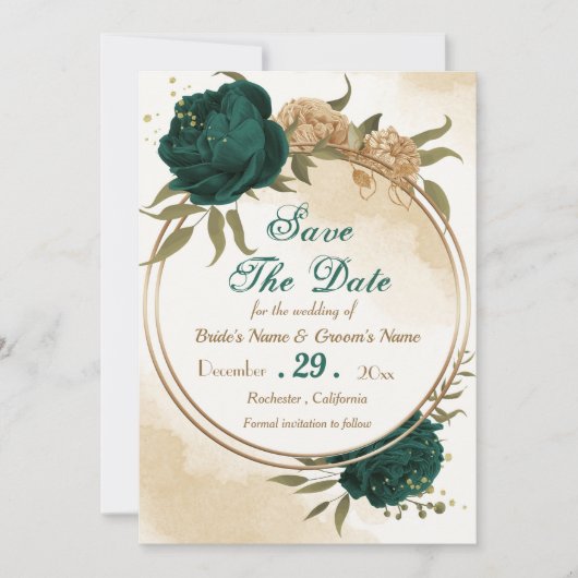 Smaragdgroen beige goud botanisch save the date (Voorkant)