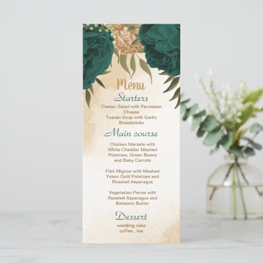 Smaragdgroen beige goud botanische bruiloft menu (Staand voorkant)