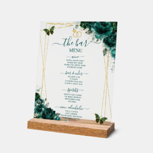 Smaragdgroen Bloemachtig Trouwbar-Cocktailmenu Acryl Bord