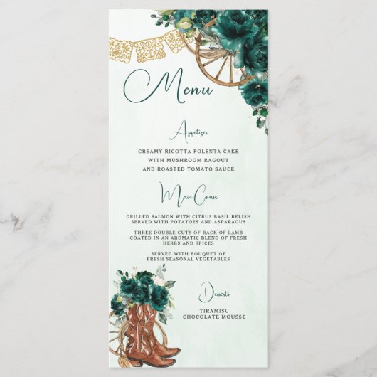 Smaragdgroen Bloemen Charro Quinceañera XV Menu (Voorkant)