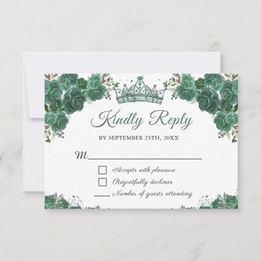 Smaragdgroen Bloemen Quinceañera RSVP-kaart RSVP Kaartje (Voorkant)