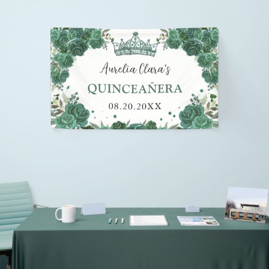 Smaragdgroen Bloemen Welkom Quinceañera Achtergron Spandoek (Beurs)