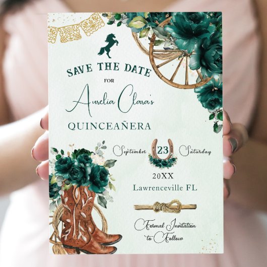 Smaragdgroen Bloemen Wild West Charro Quinceañera Save The Date