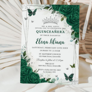 Smaragdgroen Bloemen Zilver Quinceañera Sweet 16 Kaart