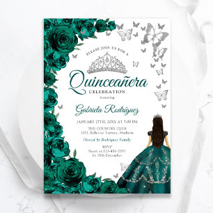 Smaragdgroen Bloemen Zilver Wit Quinceanera Kaart