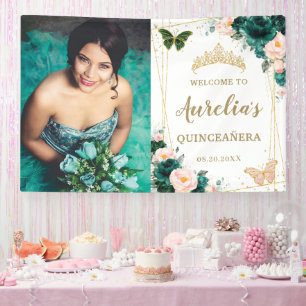 Smaragdgroen Blush Bloemen Quinceañera Achtergrond Spandoek
