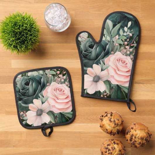 Smaragdgroen Blush Roze Bloemen Ovenwant & Pannenlap Set (Top down)