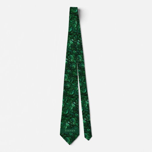 Smaragdgroen Botanisch Monogram Stropdas (Voorkant)