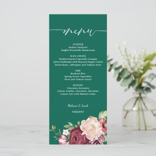 Smaragdgroen Bourgondië Floral bruiloft Menu (Staand voorkant)