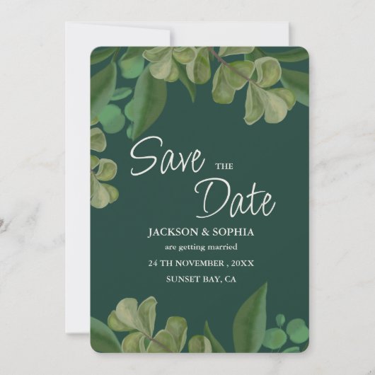 Smaragdgroen Elegant rustiek groen blad weelderig Save The Date (Voorkant)