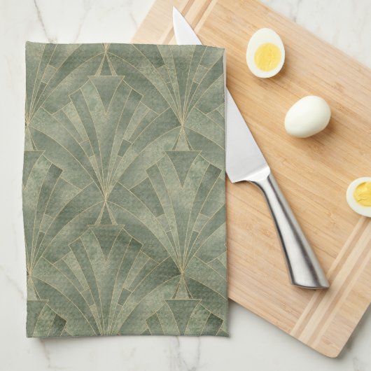 Smaragdgroen en Goud Art Deco Patroon Theedoek (Quarter Fold)