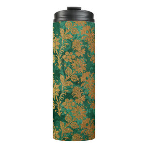 Smaragdgroen en Goud  Bloemen Damask Thermosbeker