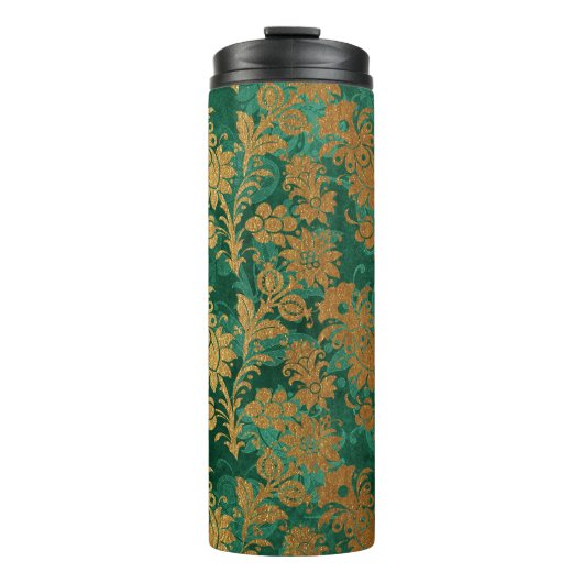 Smaragdgroen en Goud  Bloemen Damask Thermosbeker (Voorkant)
