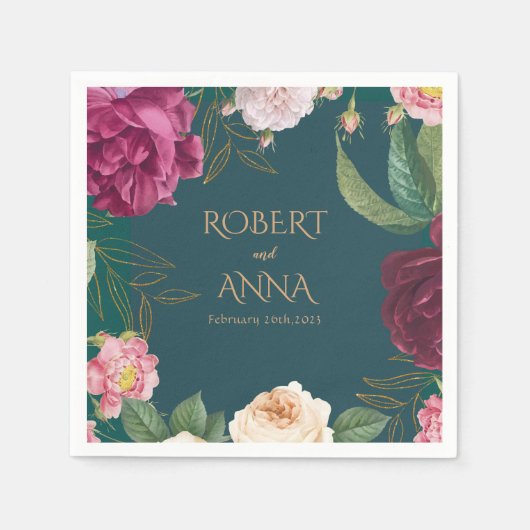 Smaragdgroen en goud Floral bruiloft servetten (Voorkant)