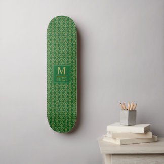 Smaragdgroen en goud naadloos damastpatroon skateboard