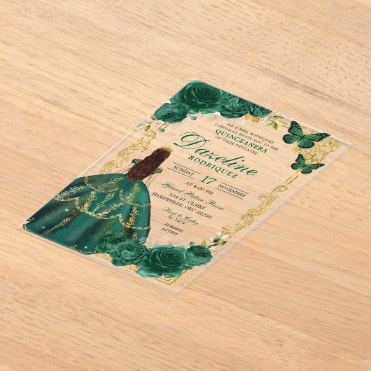 Smaragdgroen en goud Prinses Quinceañera Acryl Uitnodigingen (Laagn)