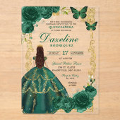 Smaragdgroen en goud Prinses Quinceañera Acryl Uitnodigingen (Voorkant)