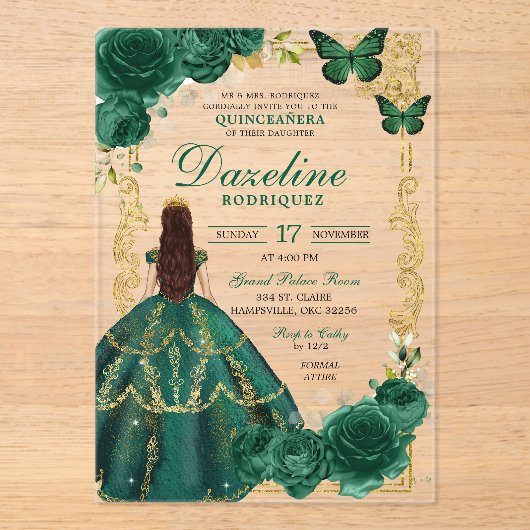 Smaragdgroen en goud Prinses Quinceañera Acryl Uitnodigingen (Voorkant)