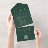 Smaragdgroen en gouden QR code bruiloft All In One Uitnodiging (Afscheurbaar)