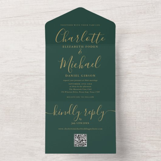 Smaragdgroen en gouden QR code bruiloft All In One Uitnodiging (Binnen)