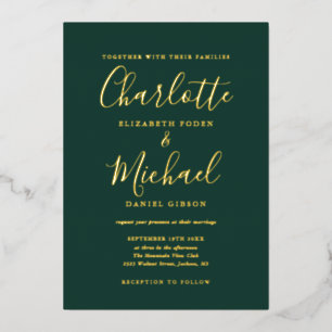 Smaragdgroen en gouden script bruiloft goud folie uitnodiging