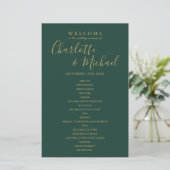 Smaragdgroen En Gouden Script Huwelijksprogramma (Staand voorkant)