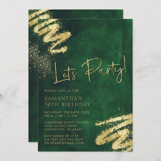 Smaragdgroen en Gouden Verjaardag Uitnodiging (Voorkant / Achterkant)