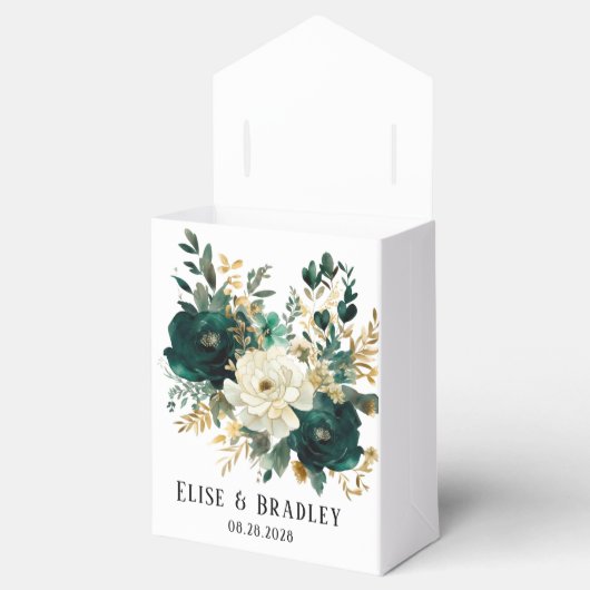 Smaragdgroen en witgouden pioenrozen bruiloft bedankdoosjes (Geopend)