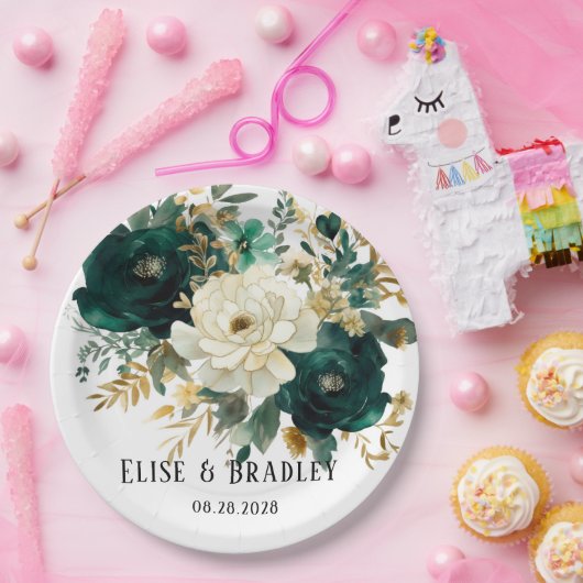 Smaragdgroen en witgouden pioenrozen bruiloft papieren bordje (Feest)