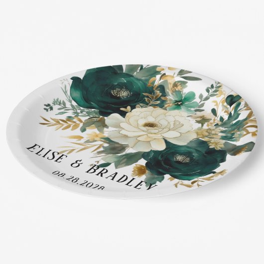 Smaragdgroen en witgouden pioenrozen bruiloft papieren bordje (Gekanteld)