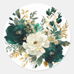 Smaragdgroen en witgouden pioenrozen bruiloft ronde sticker