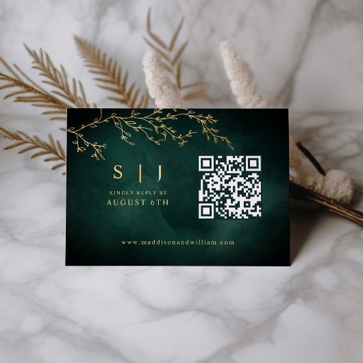 Smaragdgroen & Goud Botanische QR Code Bruiloft RSVP Kaartje