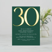 Smaragdgroen & Goud | Hedendaagse 30e verjaardag Folie Uitnodiging (Staand Voorkant)