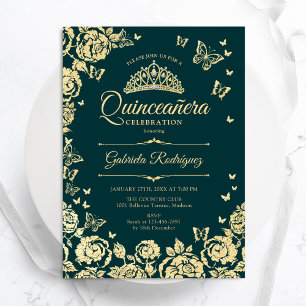 Smaragdgroen Goud Rozen Vlinders Quinceanera Kaart