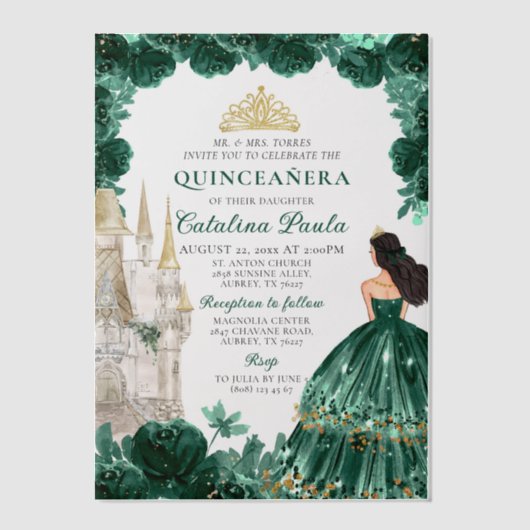 Smaragdgroen goud tiara prinses quinceañera vellum uitnodigingen (Voorkant)