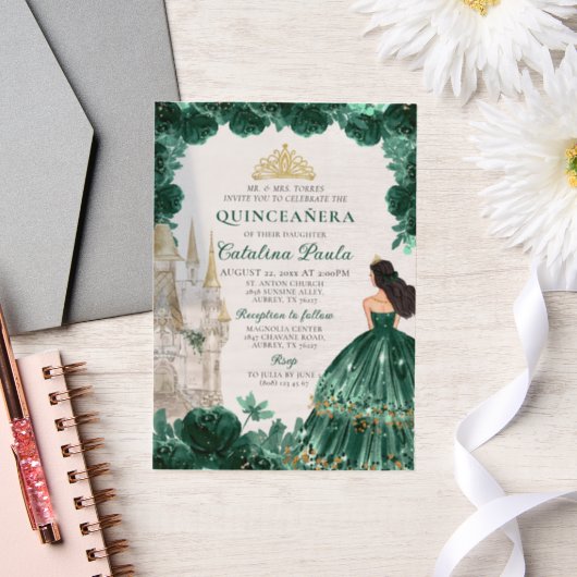 Smaragdgroen goud tiara prinses quinceañera vellum uitnodigingen (Huwelijk)