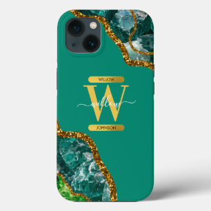Smaragdgroen & Gouden Agaat Geode Monogram iPhone 13 Hoesje