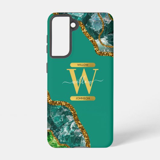 Smaragdgroen & Gouden Agaat Geode Monogram Samsung Galaxy Hoesje (Achterkant)