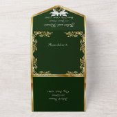 Smaragdgroen, gouden bladeren, duiven & hart all in one uitnodiging (Buitenkant)